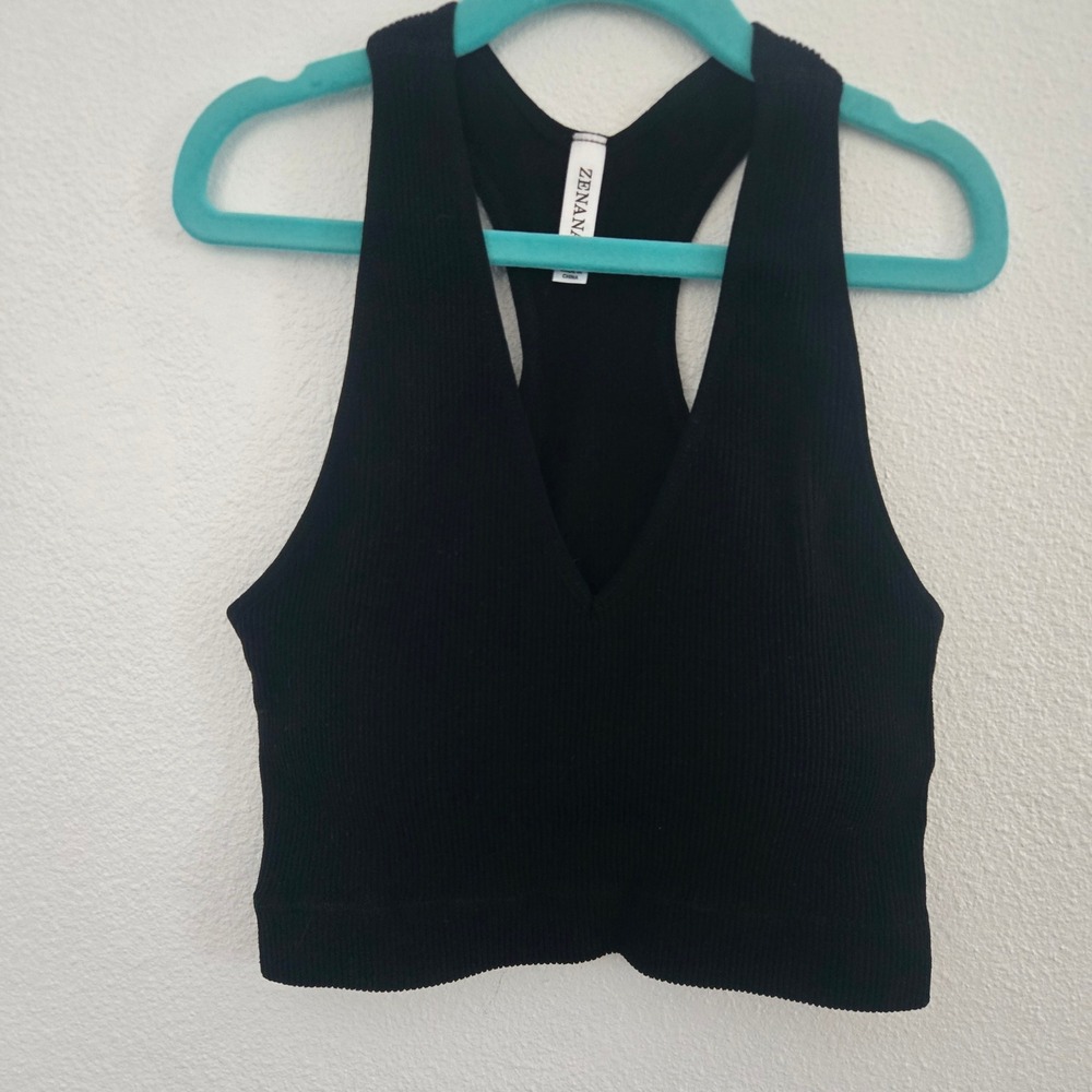 Zenana Black Ribbed Seamless V-Neck Racerback Crop Top NT-6133A S/M